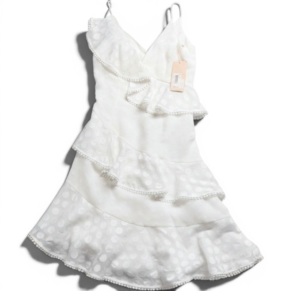 Keepsake The Label White Polka Dot Ruffle Mini Dress Pom Pom Trim Size S NWT